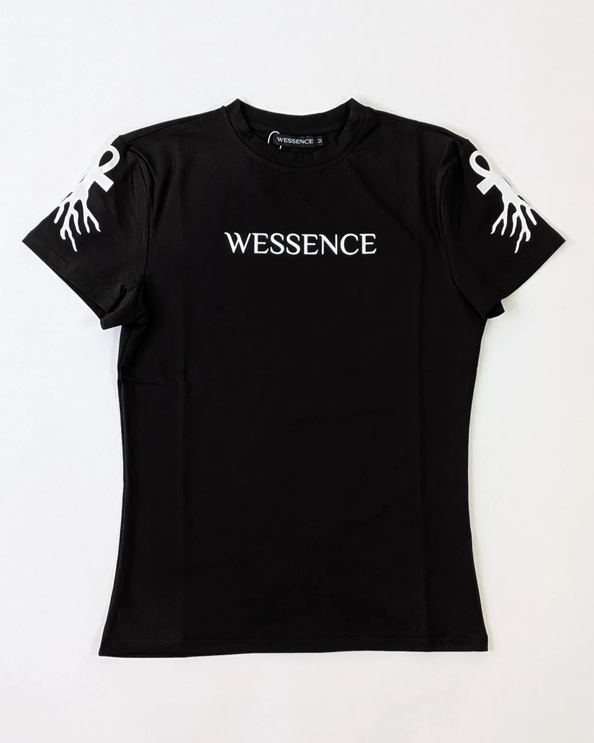 Front view WESSENCE CLASSIC TEE black t-shirt with chest and sleeve logos, premium urban cotton.