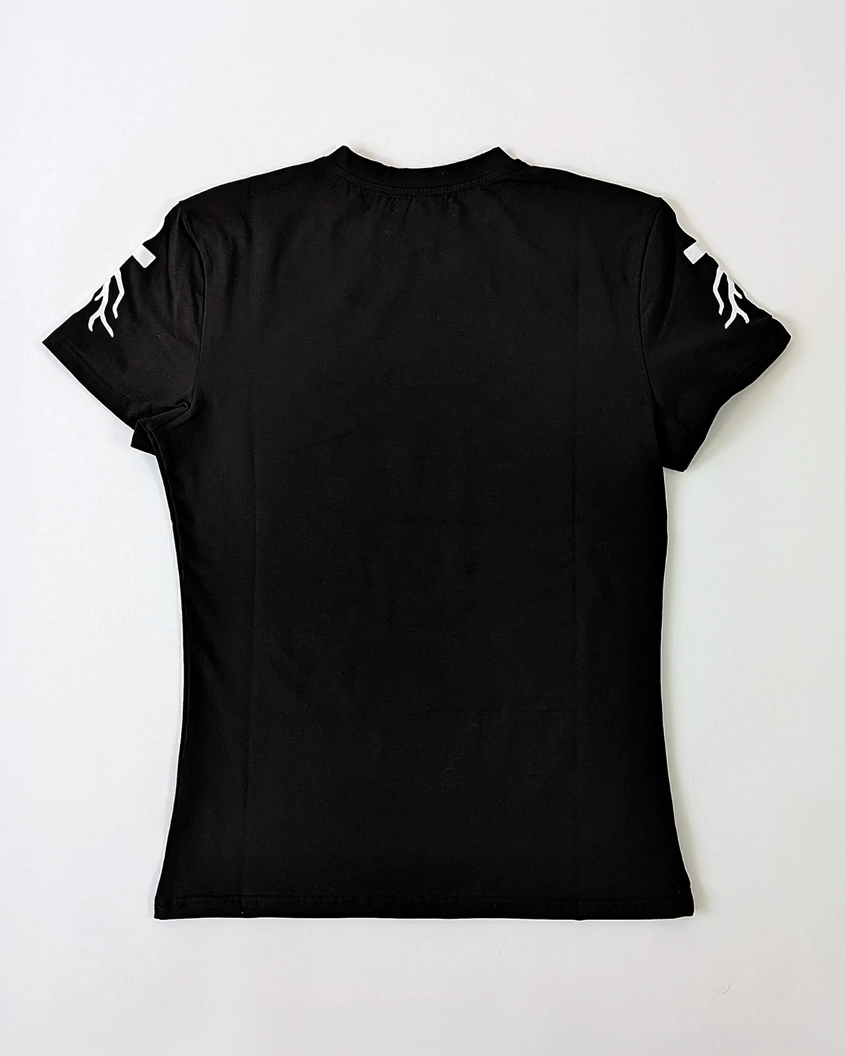 Back view WESSENCE CLASSIC TEE black t-shirt, white sleeve logos, minimal streetwear style.