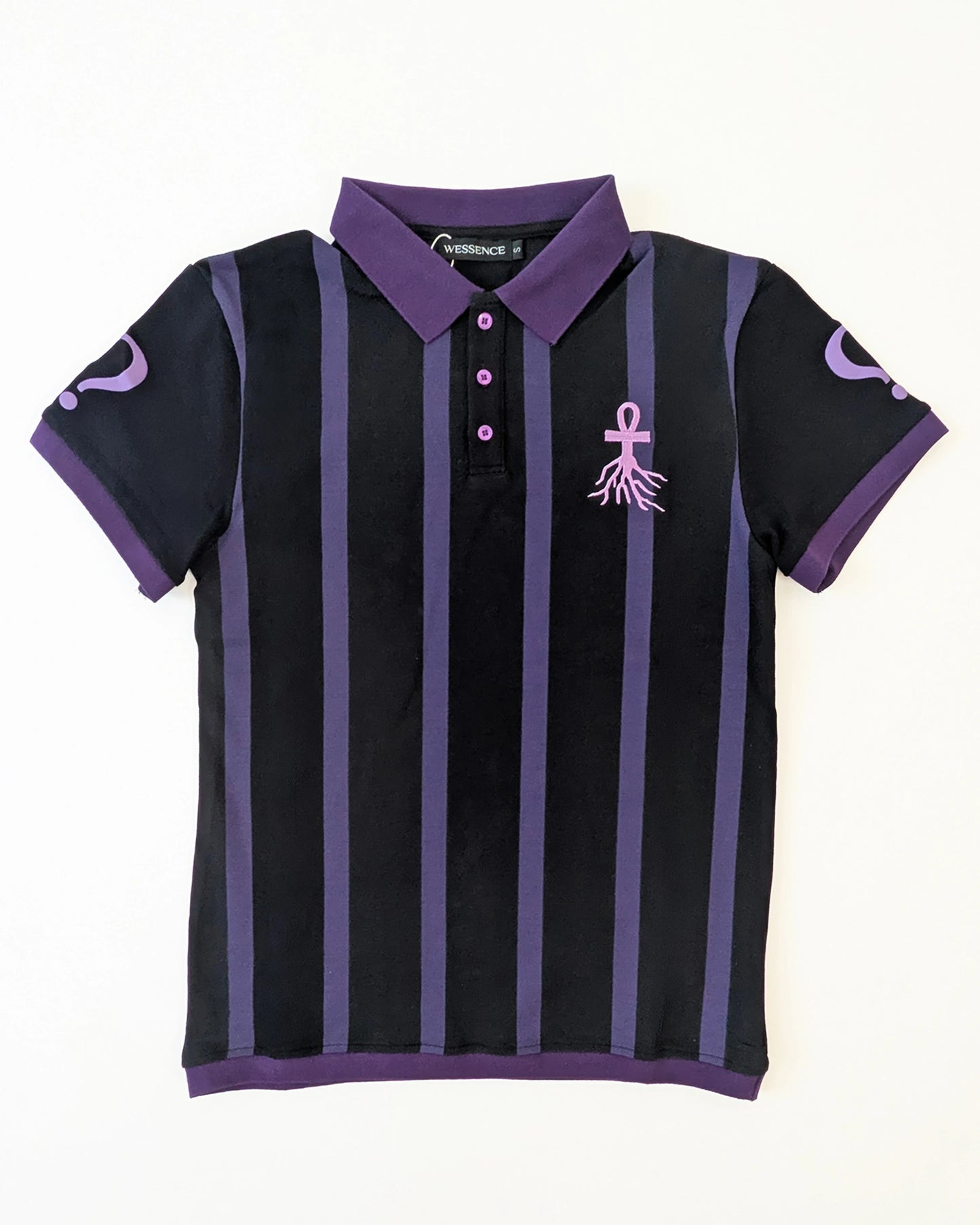 Front view WESSENCE ENIGMA purple and black vertical striped polo, avant-garde streetwear clothing.