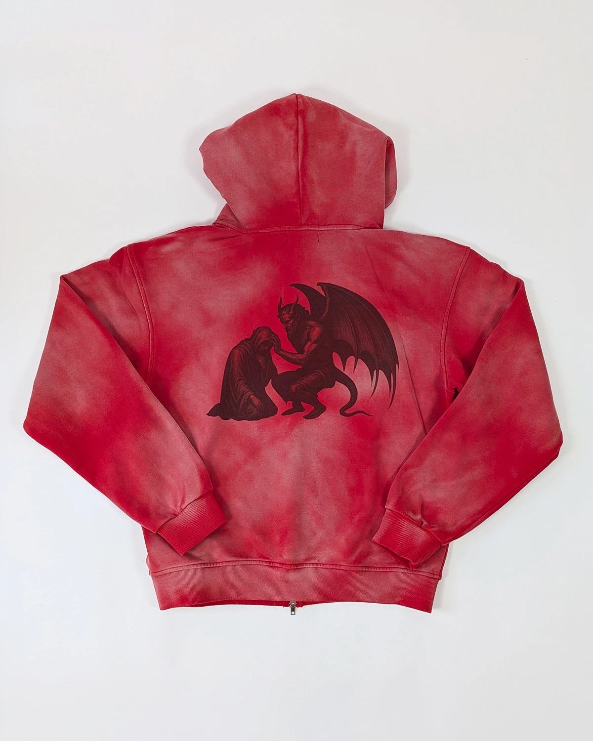 Back view WESSENCE HELL TEMPTATION red washed hoodie with large black winged demon graphic.